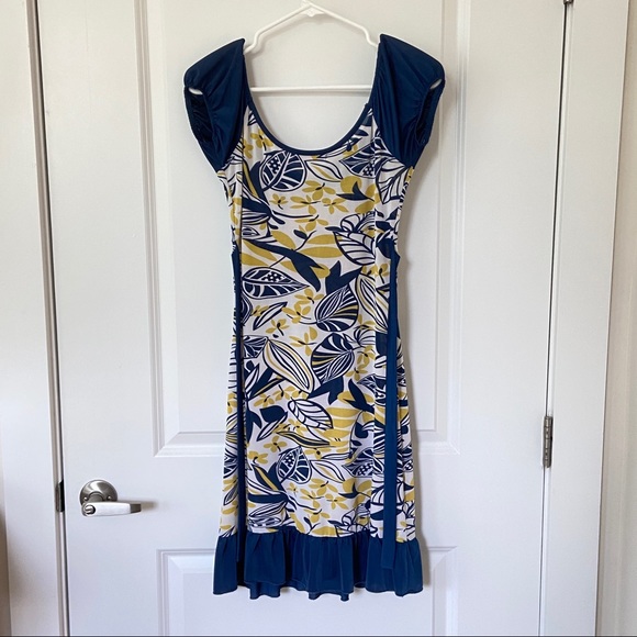 Navy and Yellow Botanical Leaf Print Summer Dress. Fits like Womens 2/4 - Picture 5 of 8